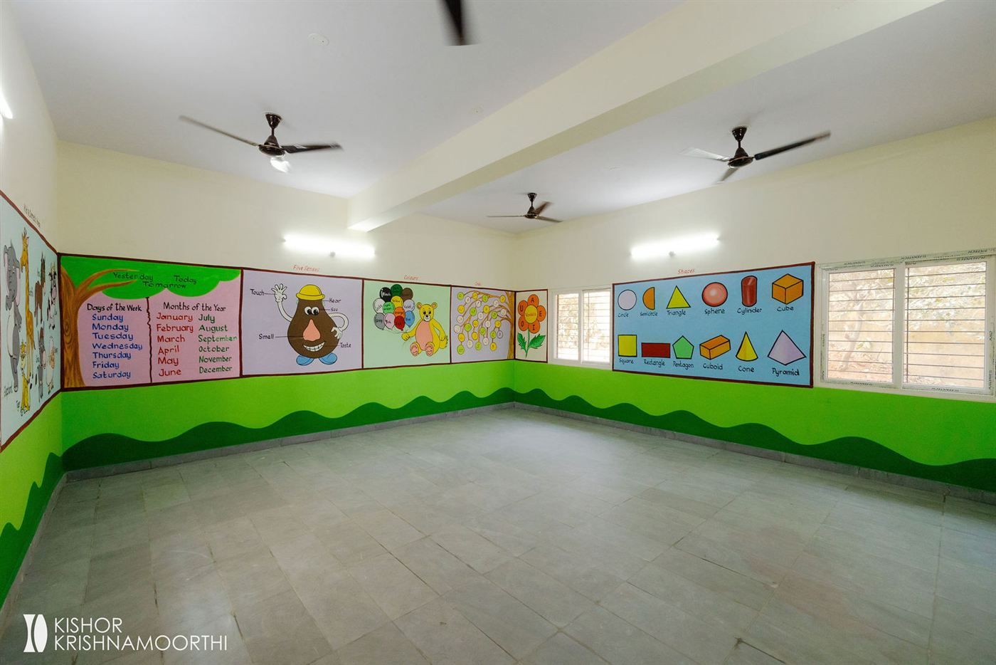 A freshly painted classroom with learning murals